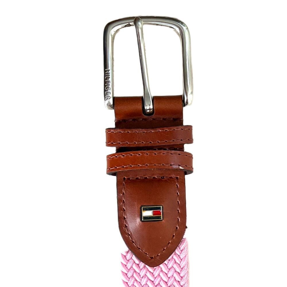 Tommy Hilfiger Golf Belt Mens M 36 38 Pink Stretch Webbing Brown Leather Ends - Picture 4 of 6